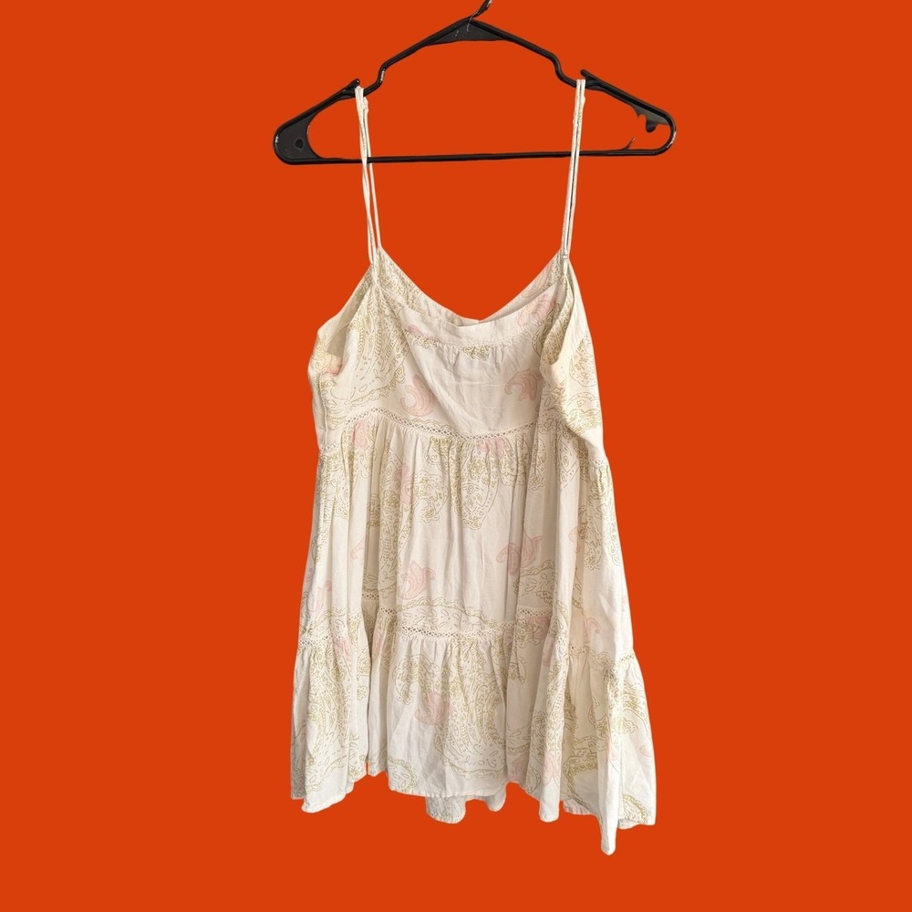 Urban Outfitters Paisley Tiered Mini Dress Cream Green Large Boho Indie Sleeaze - Picture 2 of 6